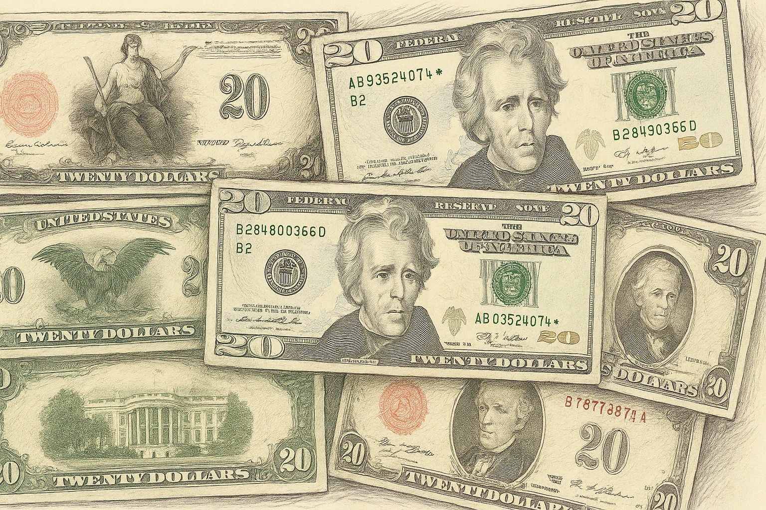 Various examples of $20 bills.