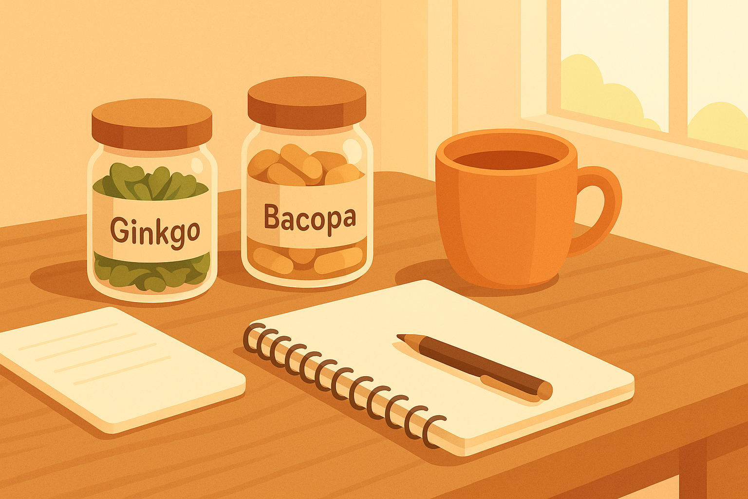 Natural ADHD treatments like ginkgo and bacopa are placed on the table.