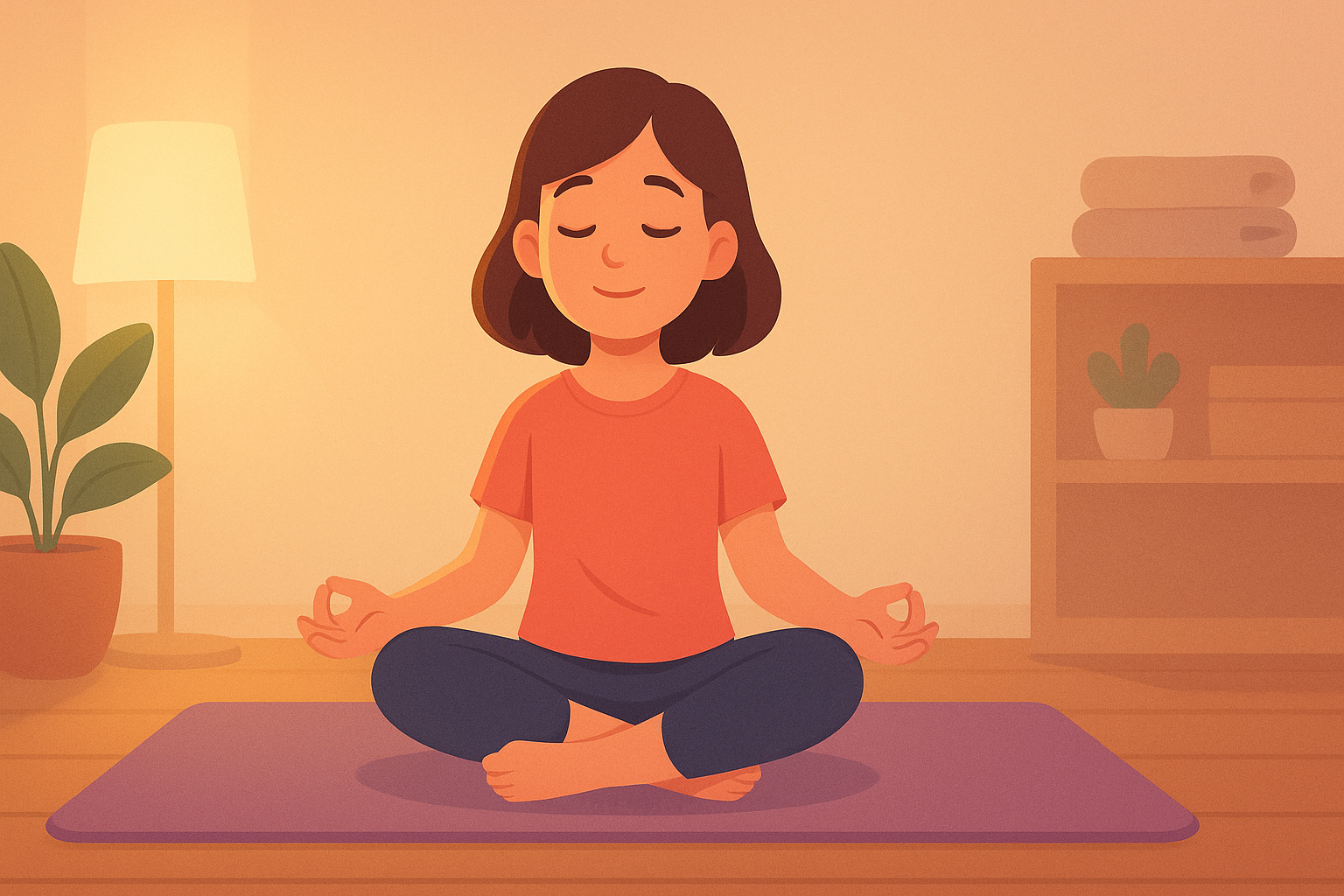 A happy girl practices yoga on the mat indoors.