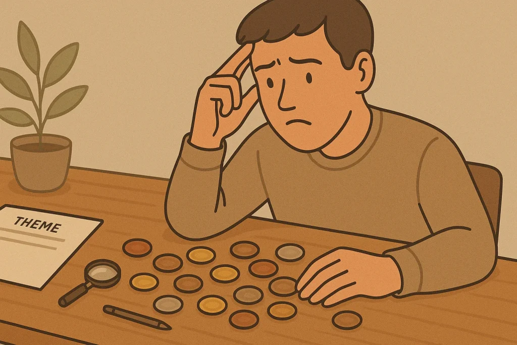 A confused collector looks at the bunch of coins dropped at the desk.