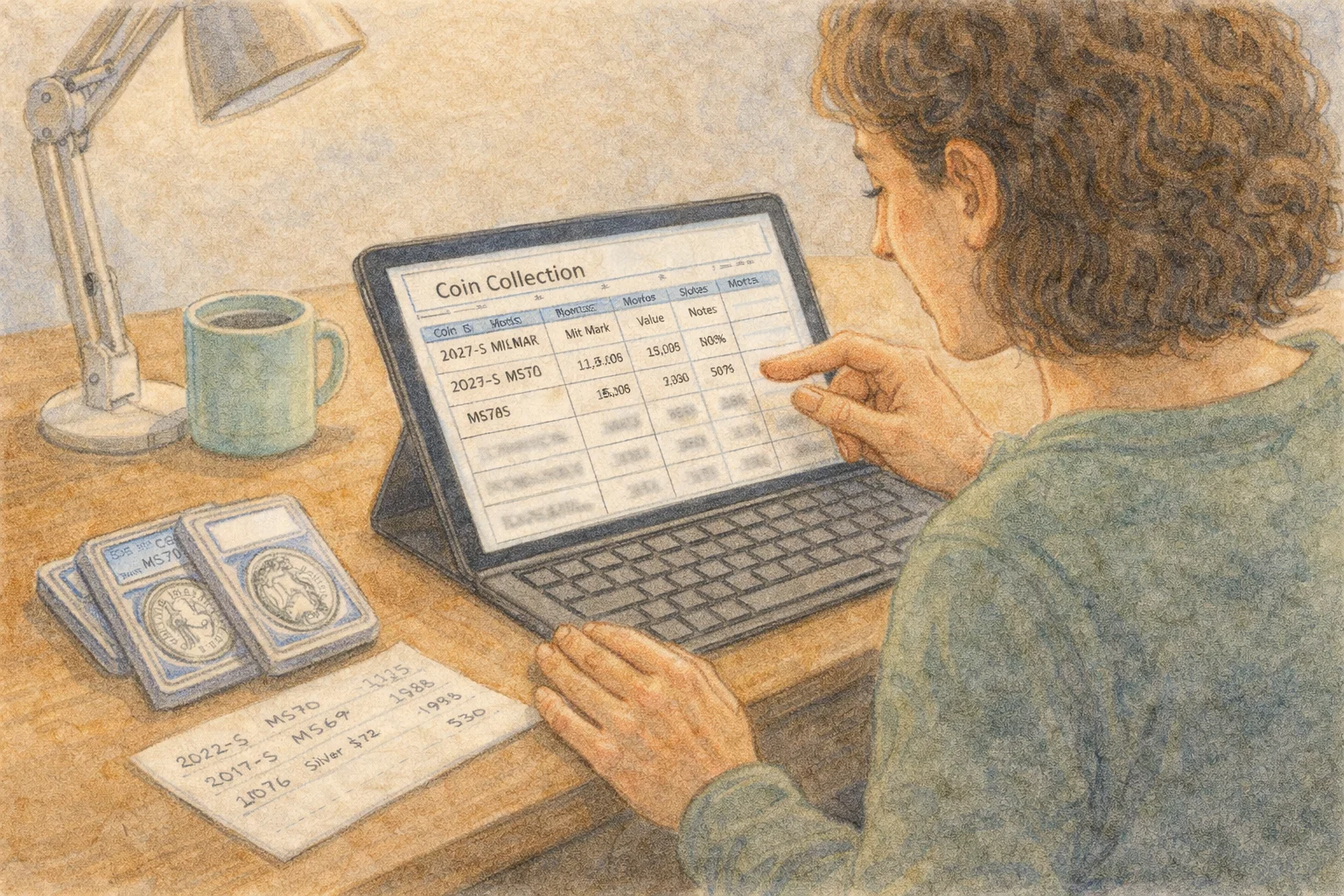 A woman checks coin prices on the screen at the home workplace.