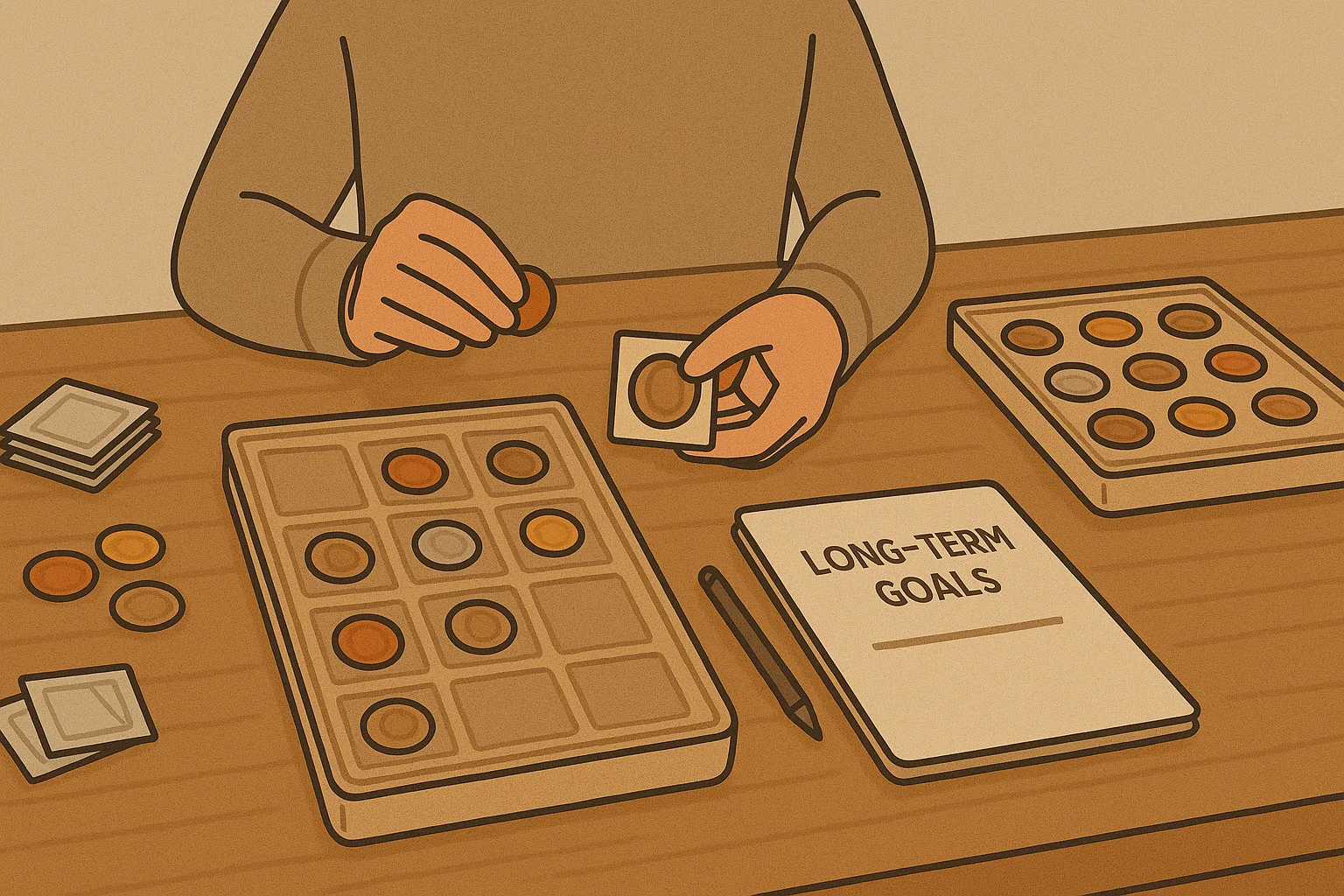 A collector neatly sorts his collection and makes long-term plans for his hobby.