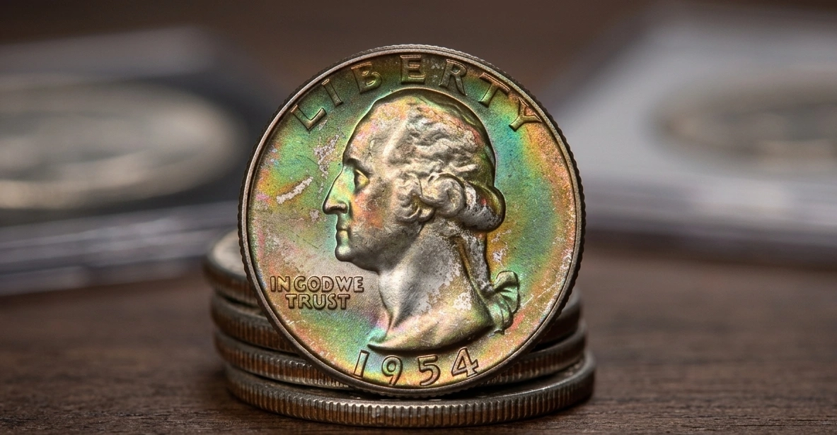 Stack with one highlighted 1954 quarter on top